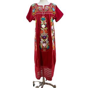 Handmade Embroidered Floral Mexican Dress Red